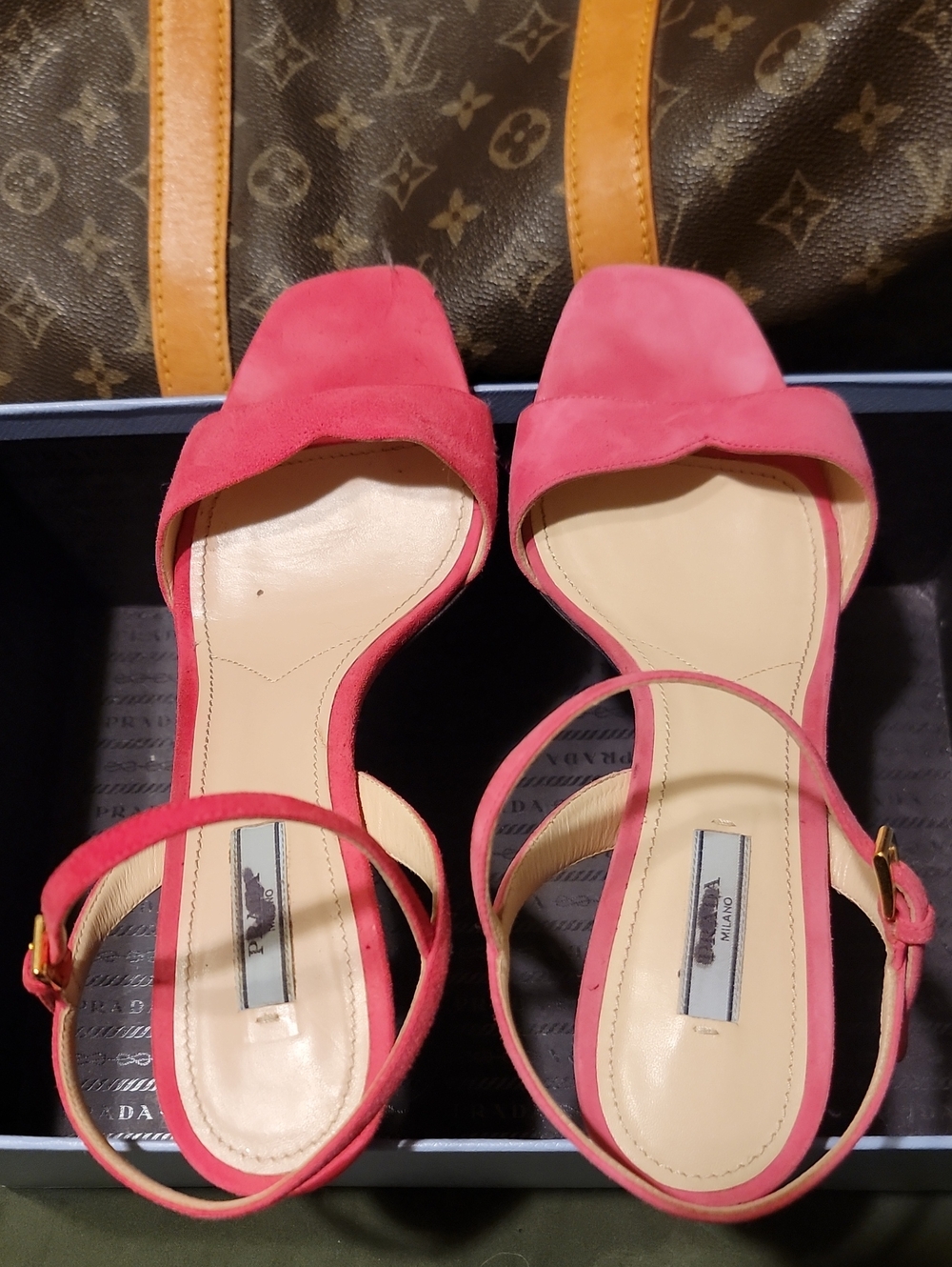 Prada Pink Suede Square-Toe Ankle-Strap Sandals